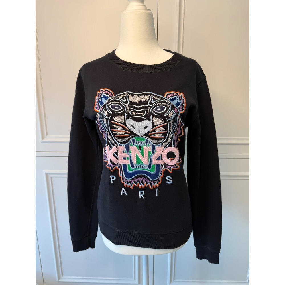 Kenzo Tiger Sweatshirt Women Size M Black Excellent Embroidered Logo Streetwear